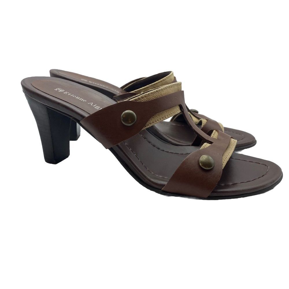 Etienne Aigner Womens US Size 7 M Block Heel Mule Brown Leather Sandal Open Toe - Picture 4 of 11